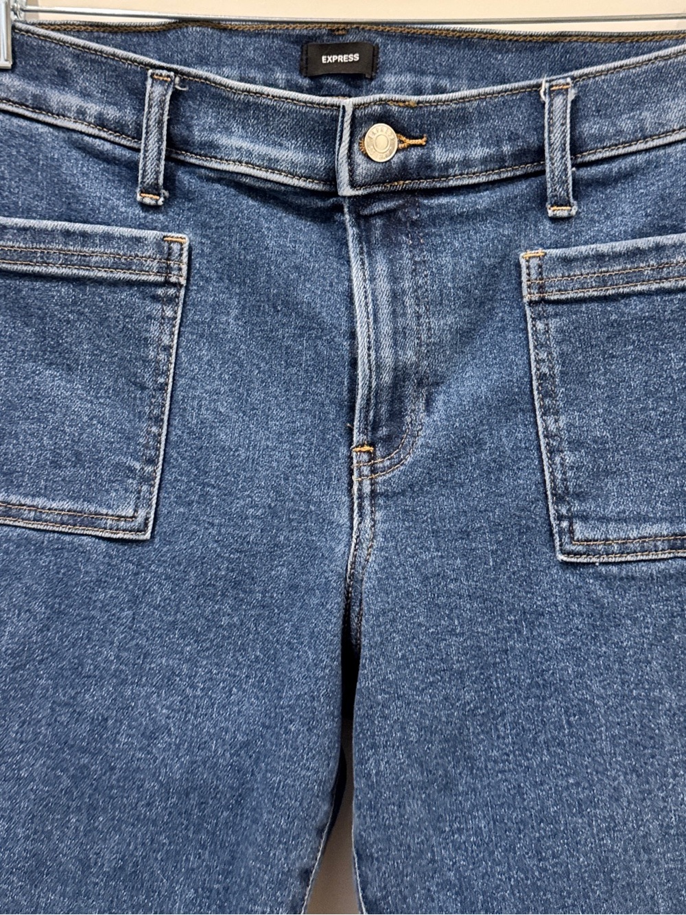 Womans express Mid Rise Dark Wash Hyper Sculpt '70s Flare Jeans size 12 - Picture 7 of 11